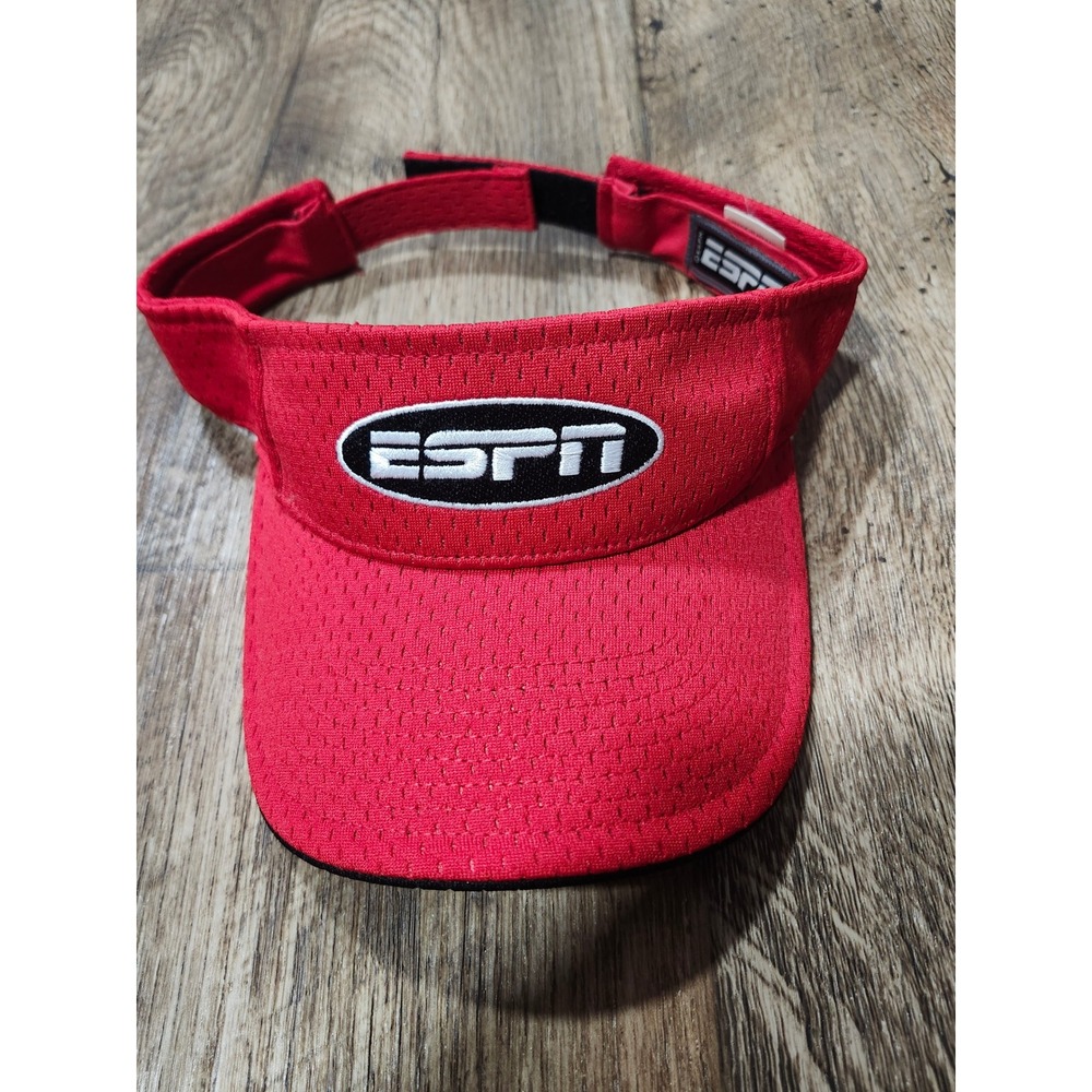 ESPN Red Mesh Visor Mens Adjustable Hook and Loop Sports Hat Oval Logo